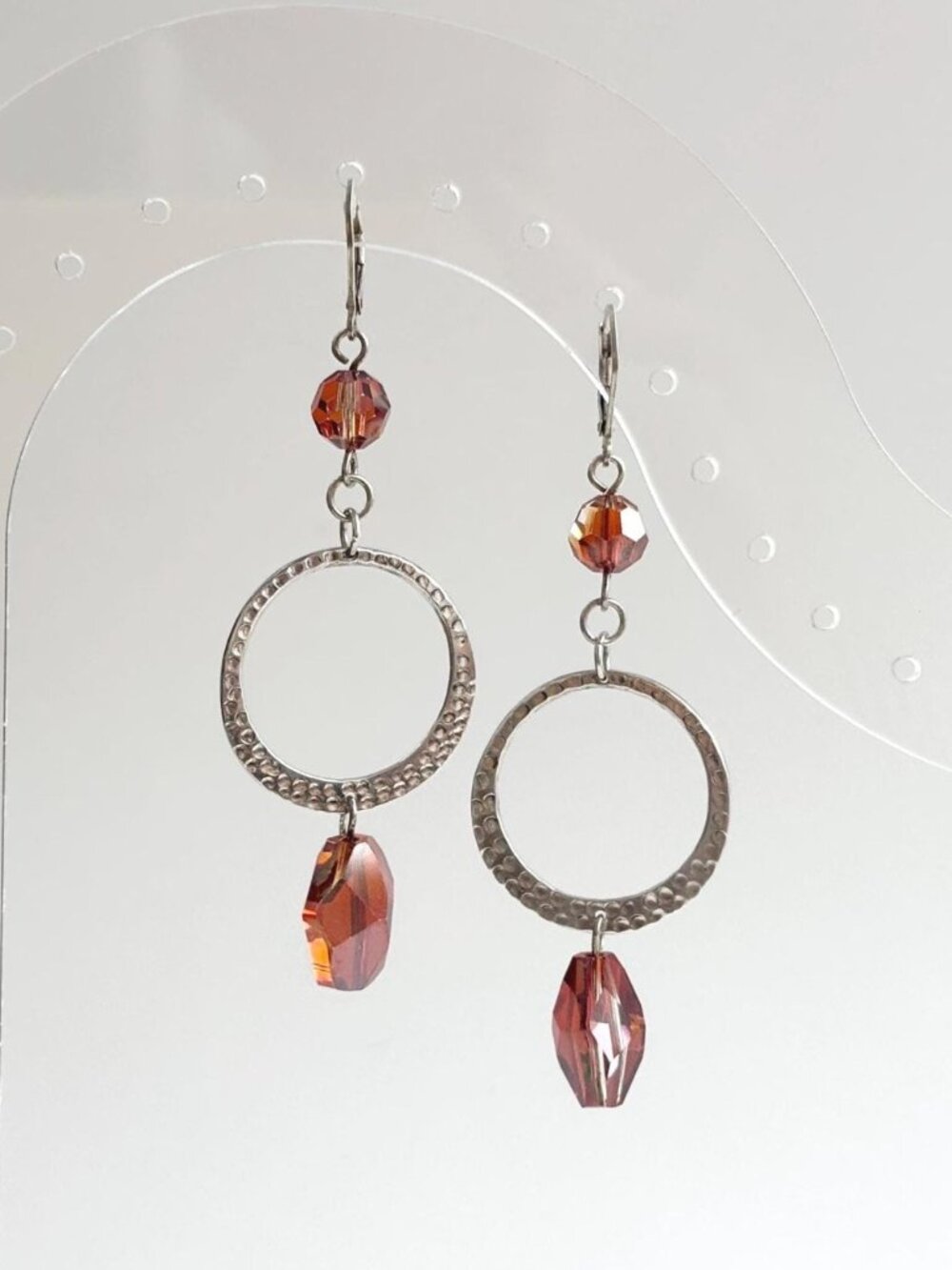 Hammered Sterling Silver Orange Rhinestone 925 Hoop Vintage Dangle Earrings